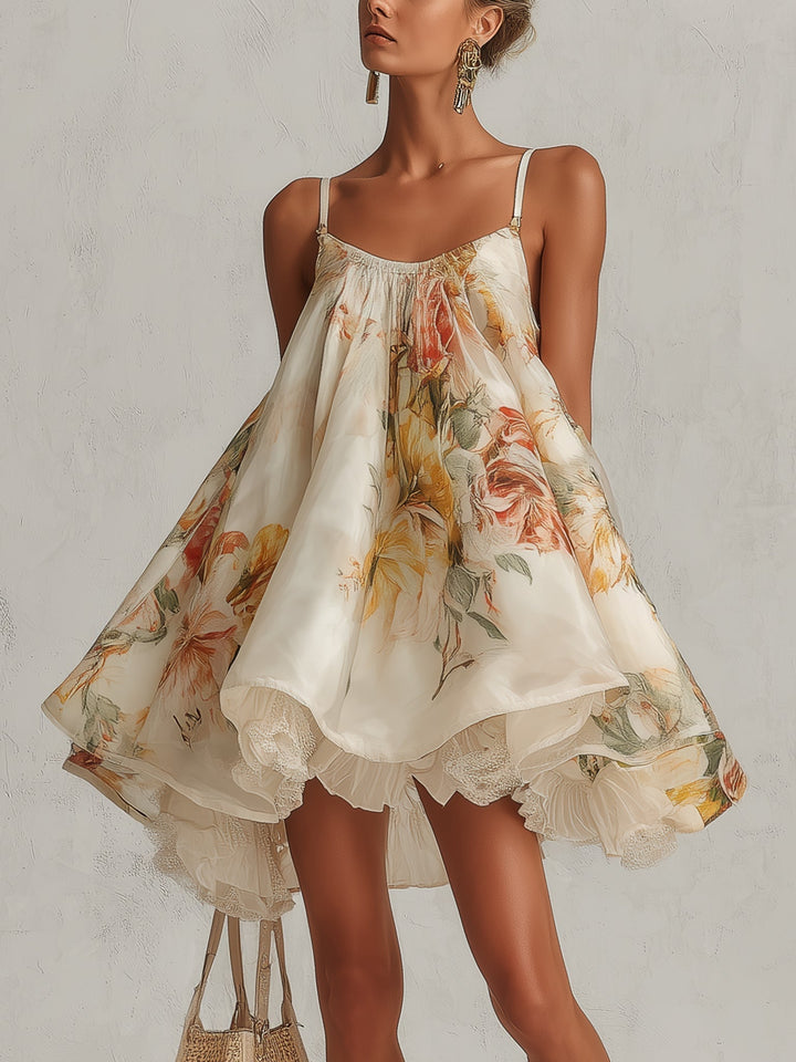 Liliana | Beige A-Line Mini Dress with Floral Print and Lace Trim