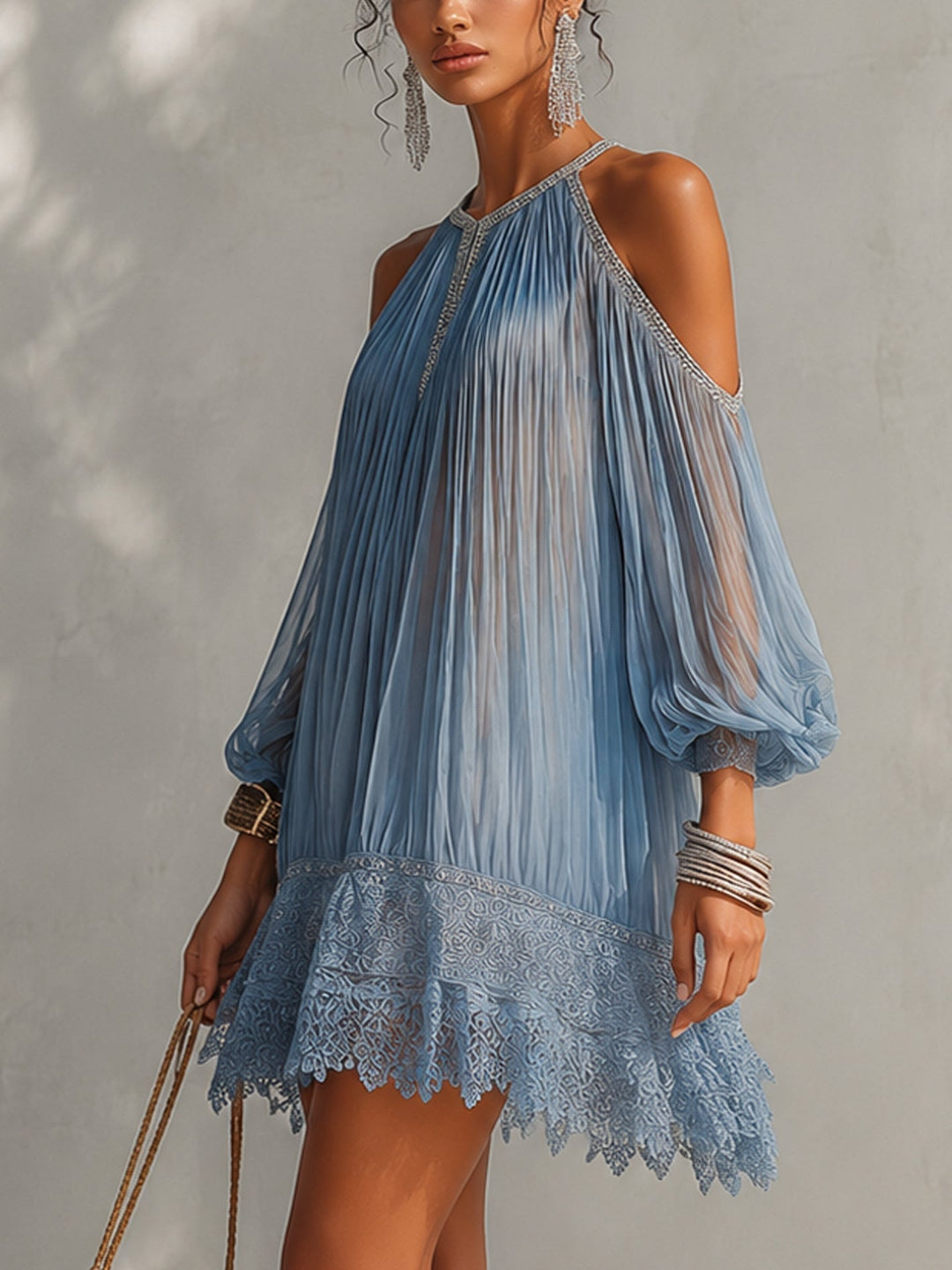 Celeste | Blue Off-Shoulder Mini Dress with Ruffle and Lace Hem