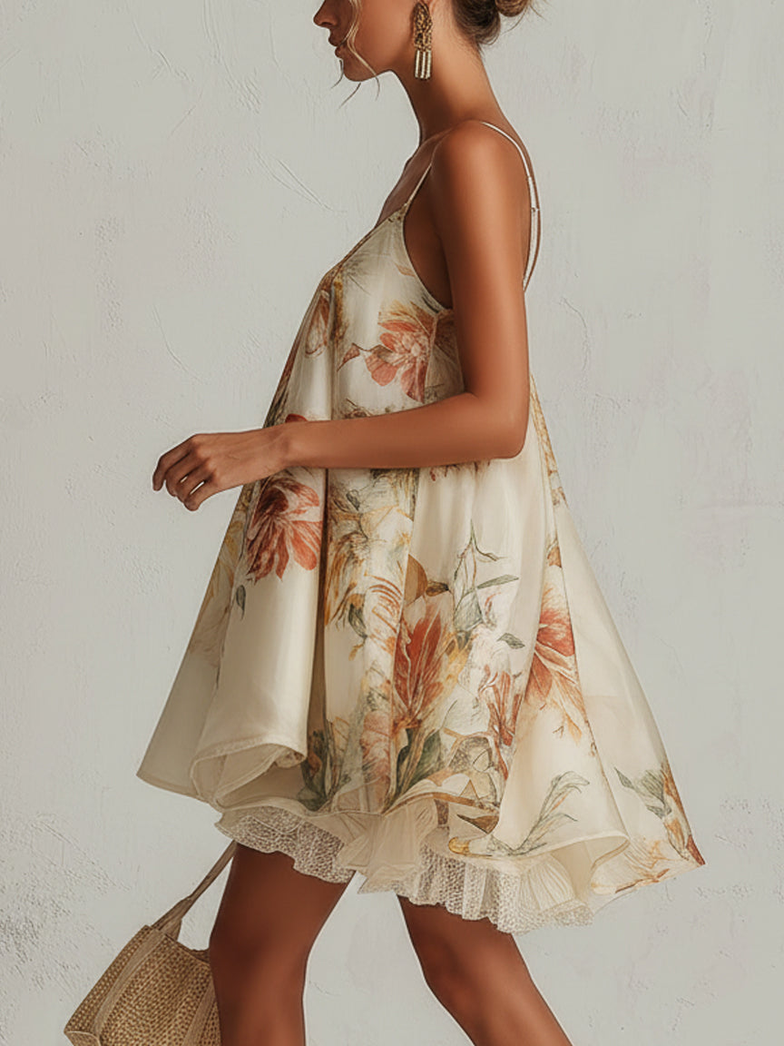 Liliana | Beige A-Line Mini Dress with Floral Print and Lace Trim