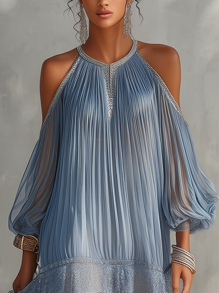 Celeste | Blue Off-Shoulder Mini Dress with Ruffle and Lace Hem