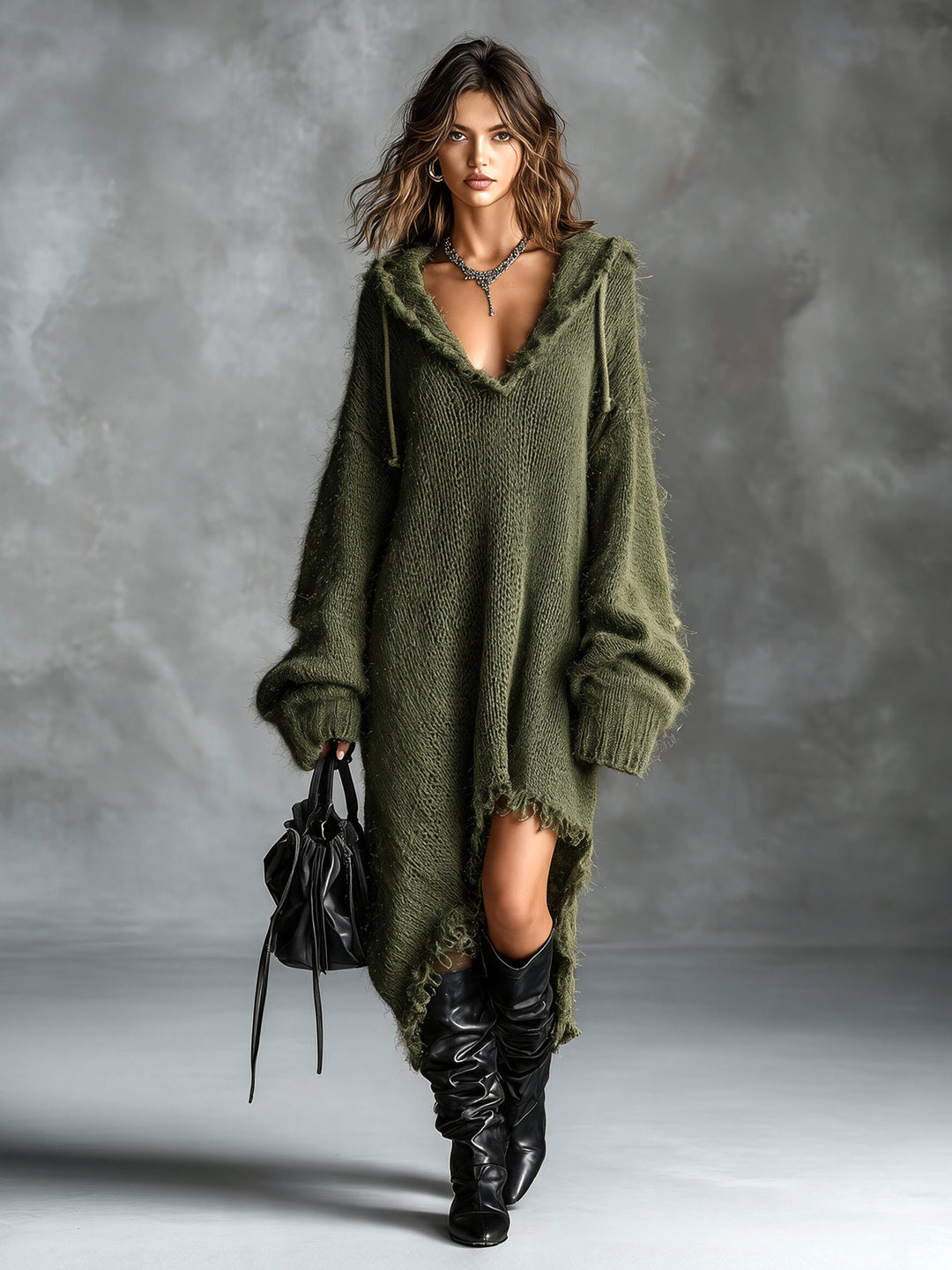 Fuzzy Knit Hooded Midi Dress