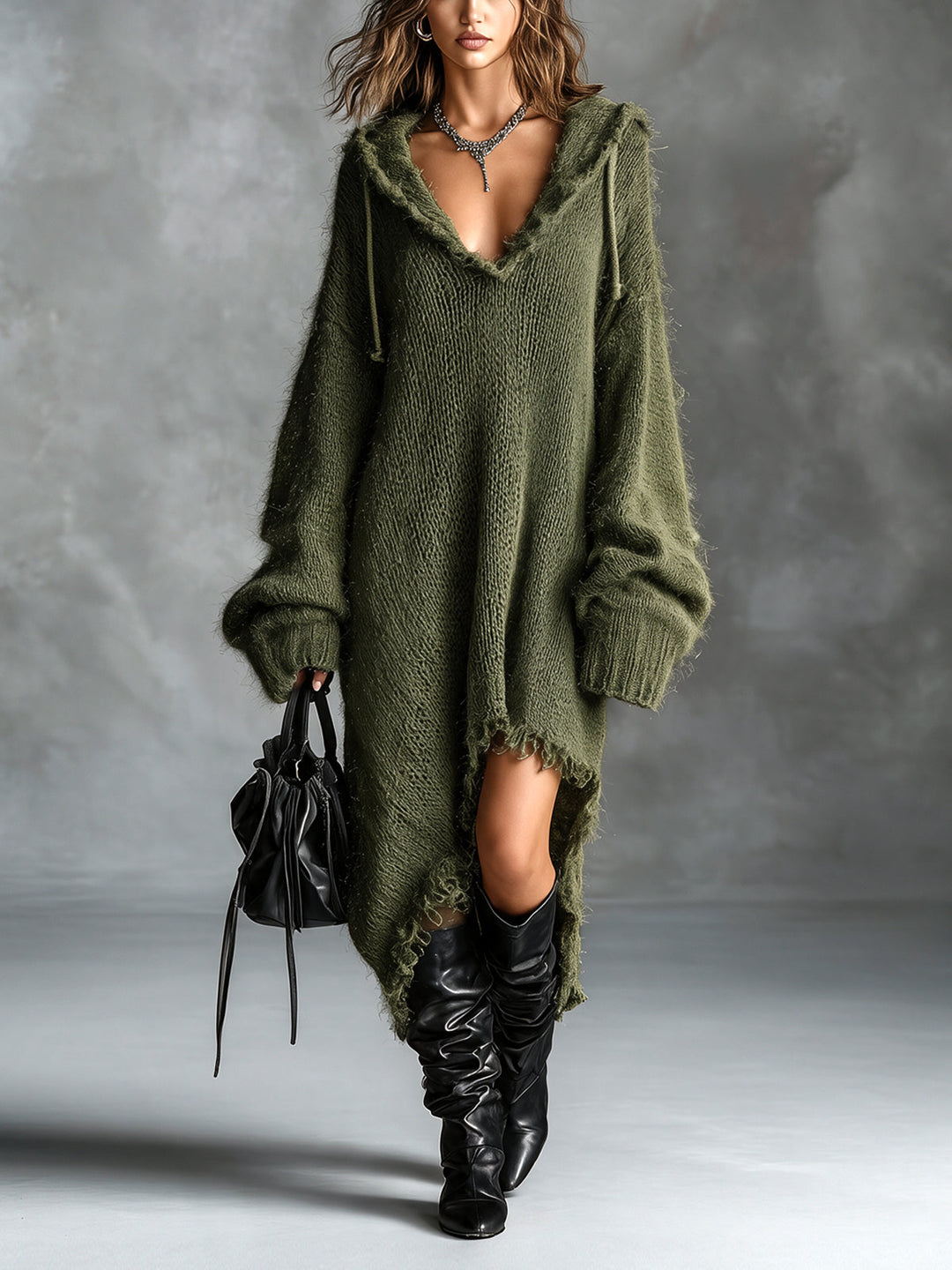 Fuzzy Knit Hooded Midi Dress