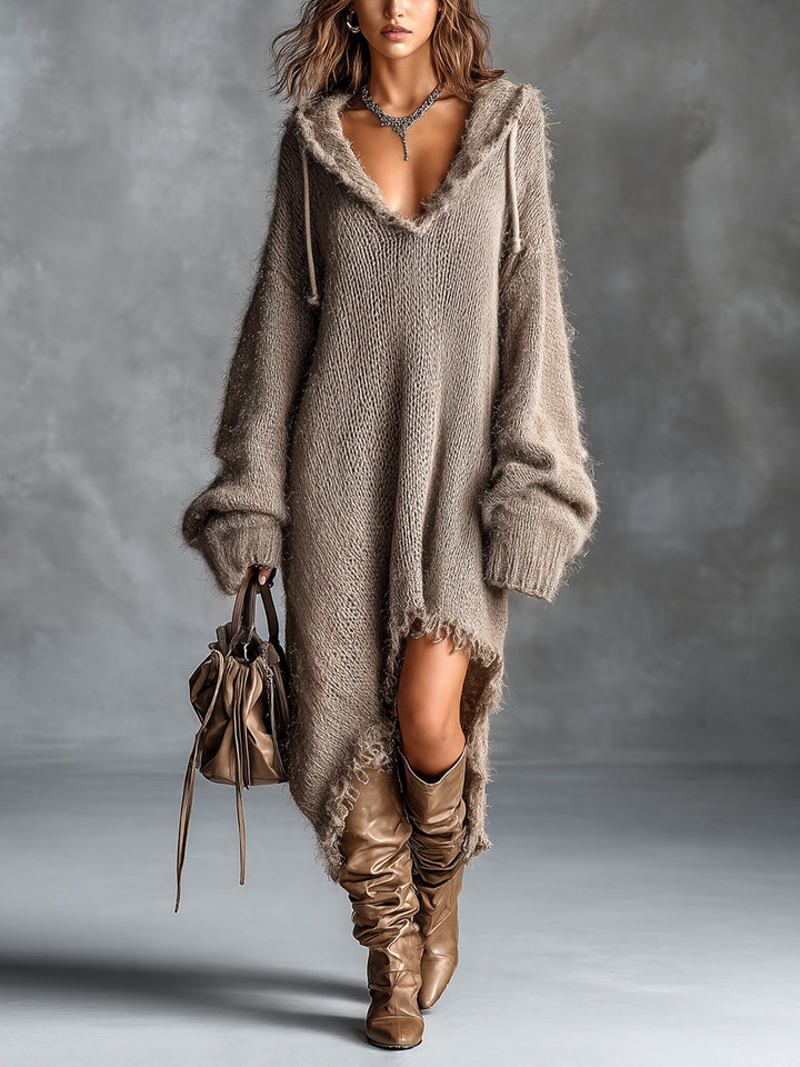 Fuzzy Knit Hooded Midi Dress
