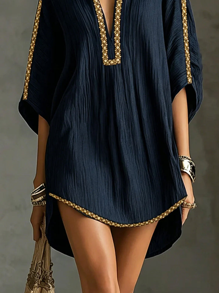 Mirella | Black Kaftan-Style Mini Dress with Deep V-Neck