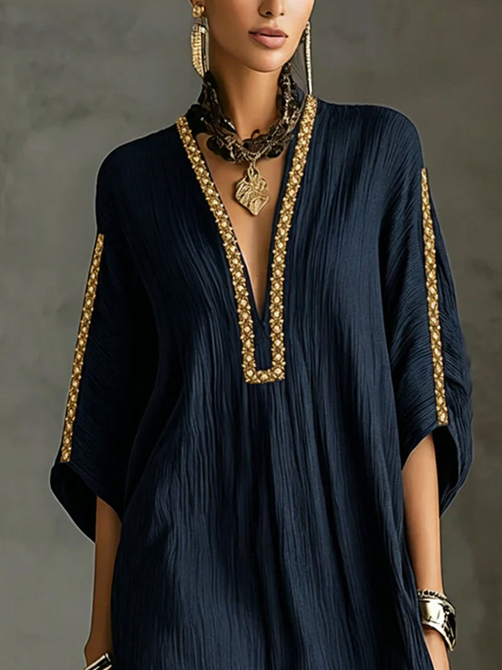 Mirella | Black Kaftan-Style Mini Dress with Deep V-Neck