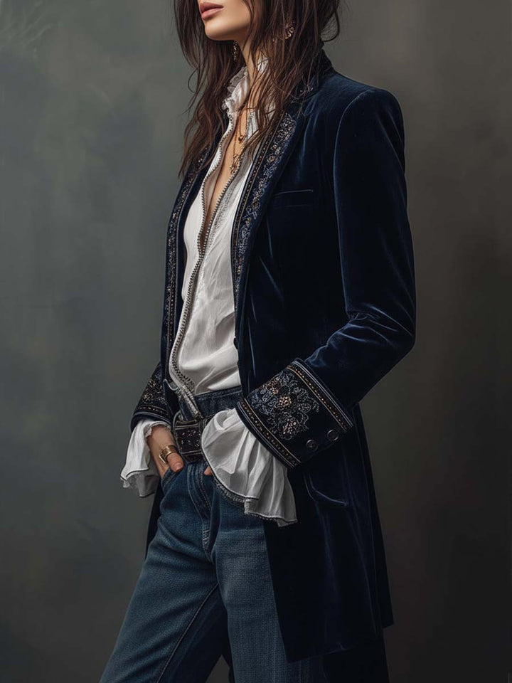 Women’s Vintage Navy Embroidered Longline Jacket