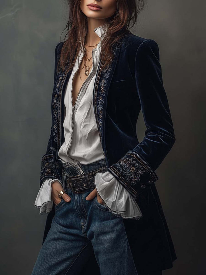 Women’s Vintage Navy Embroidered Longline Jacket
