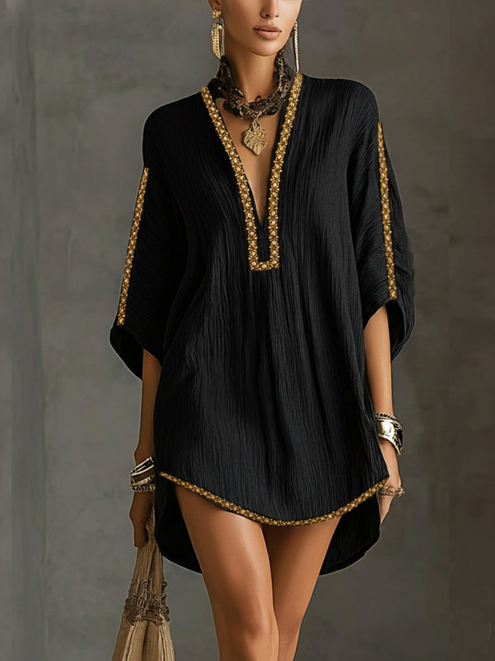 Mirella | Black Kaftan-Style Mini Dress with Deep V-Neck