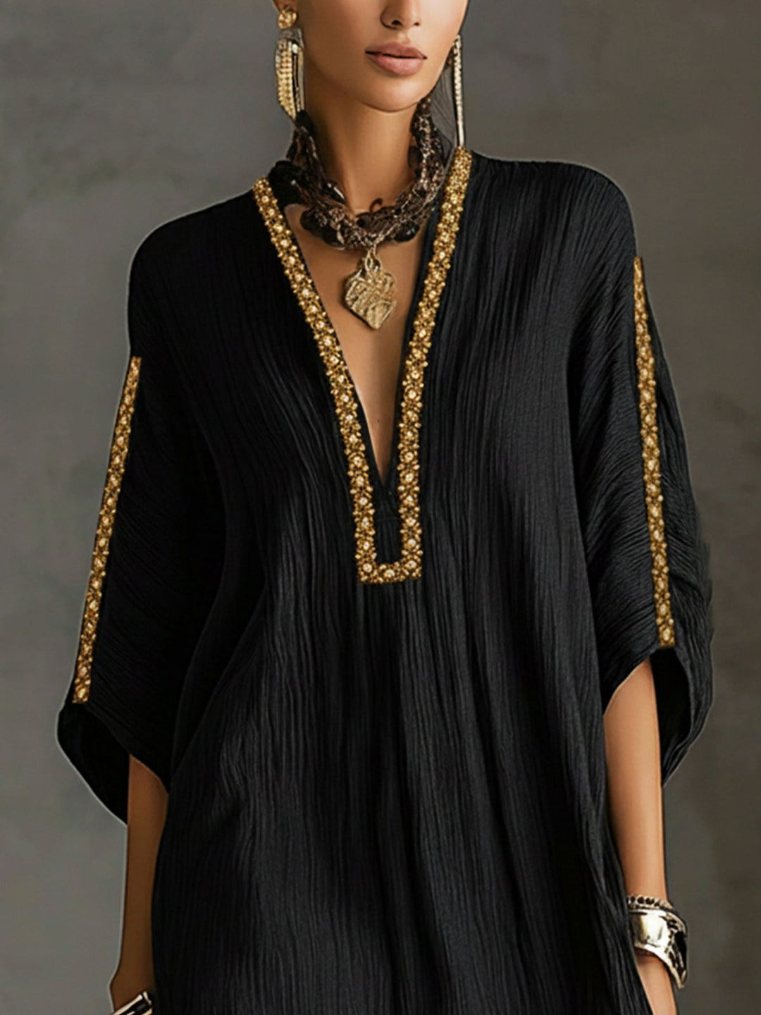 Mirella | Black Kaftan-Style Mini Dress with Deep V-Neck