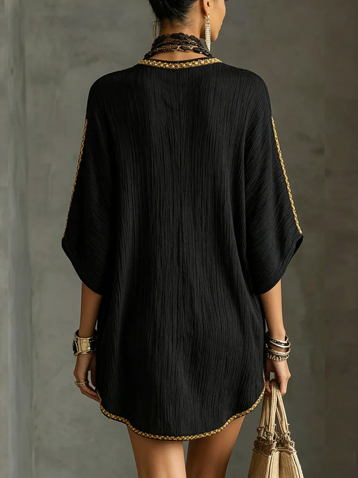 Mirella | Black Kaftan-Style Mini Dress with Deep V-Neck