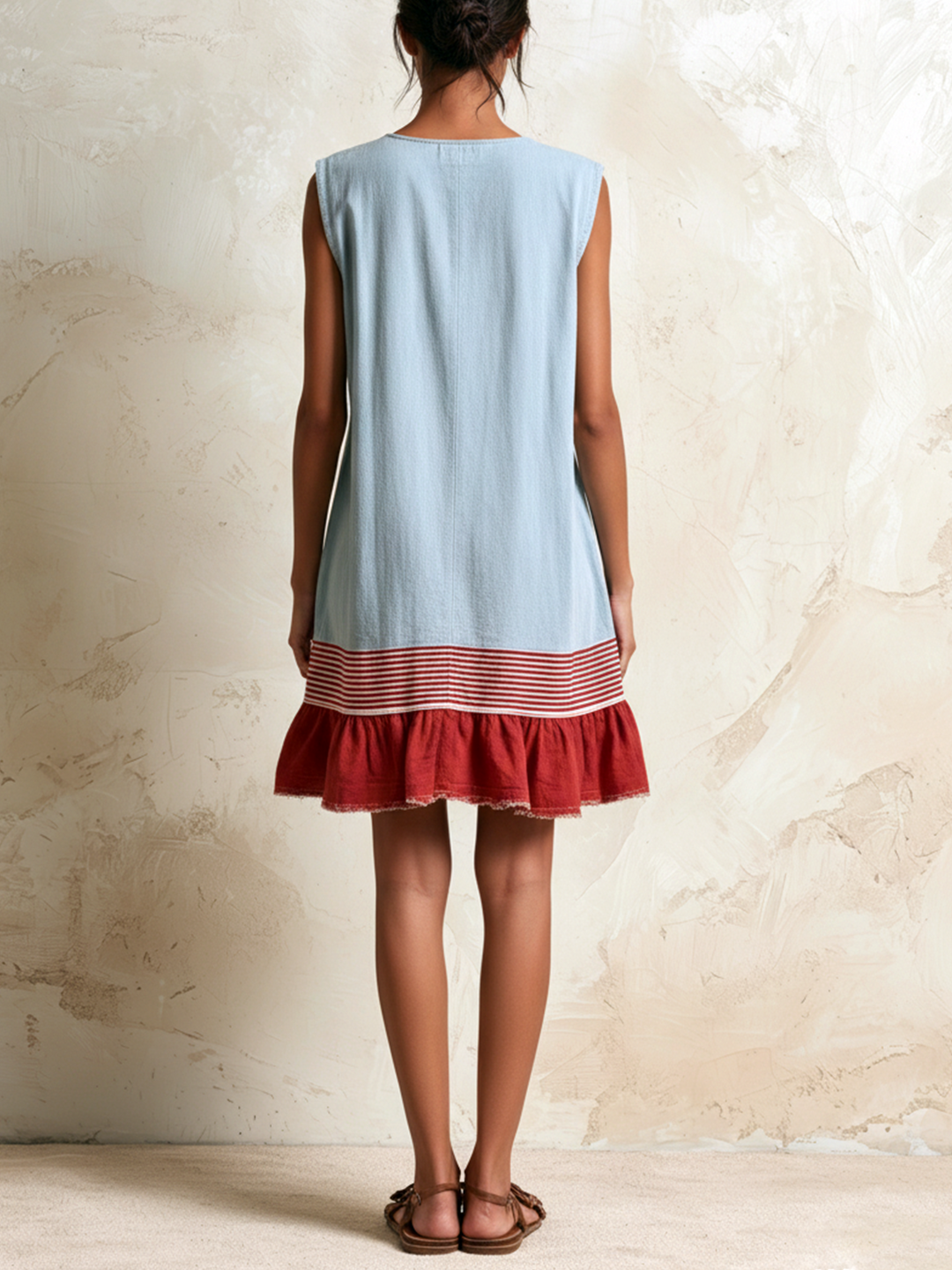 Katia | Sleeveless Tunic Dress in Light Blue with Red Stripe and Ruffled Hem