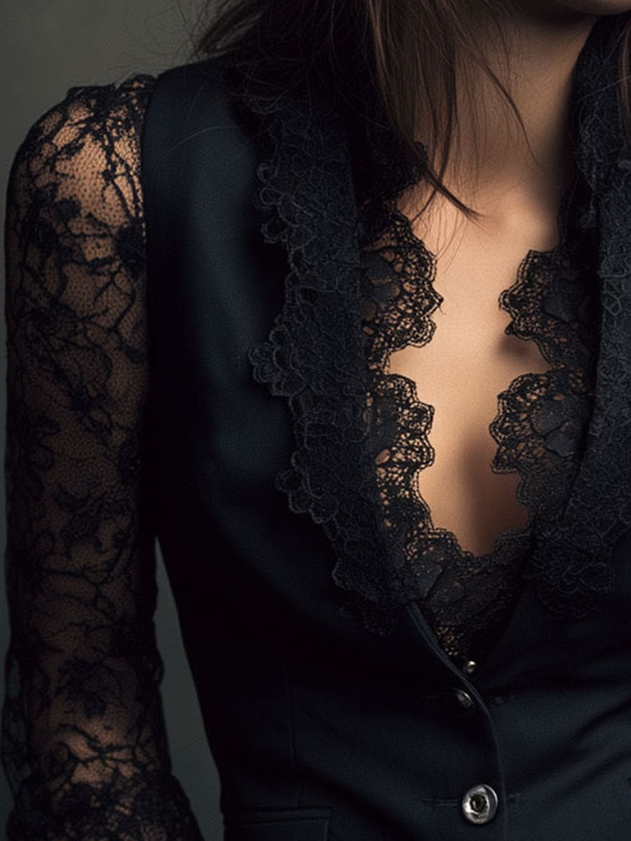 Women’s Black Sheer Sleeve Blazer Top
