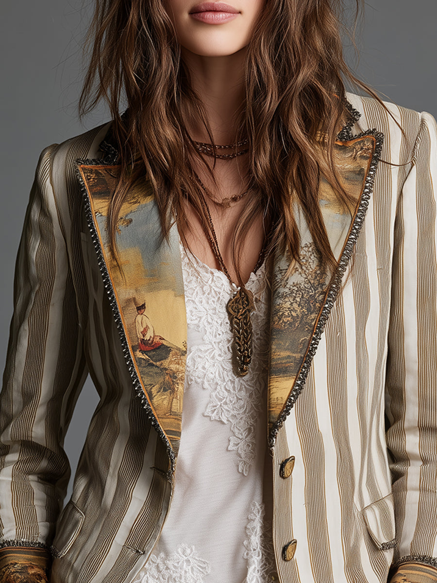 Women’s Boho Striped Printed Lapel Blazer