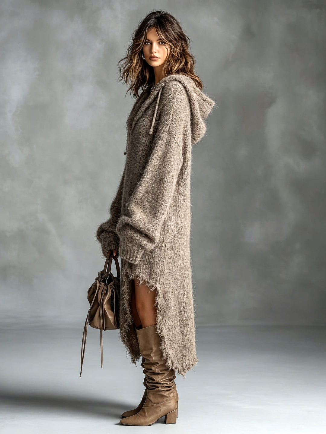 Fuzzy Knit Hooded Midi Dress