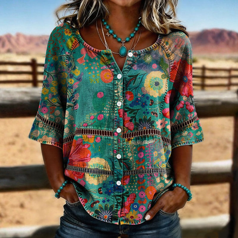Amandine™ | Retro Floral Pattern Blouse