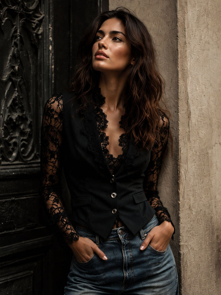 Women’s Black Sheer Sleeve Blazer Top