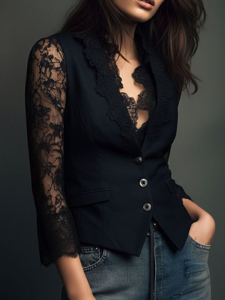 Women’s Black Sheer Sleeve Blazer Top