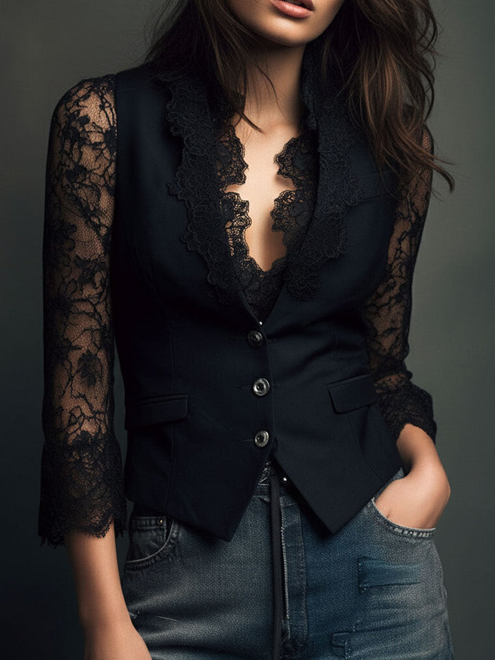 Women’s Black Sheer Sleeve Blazer Top