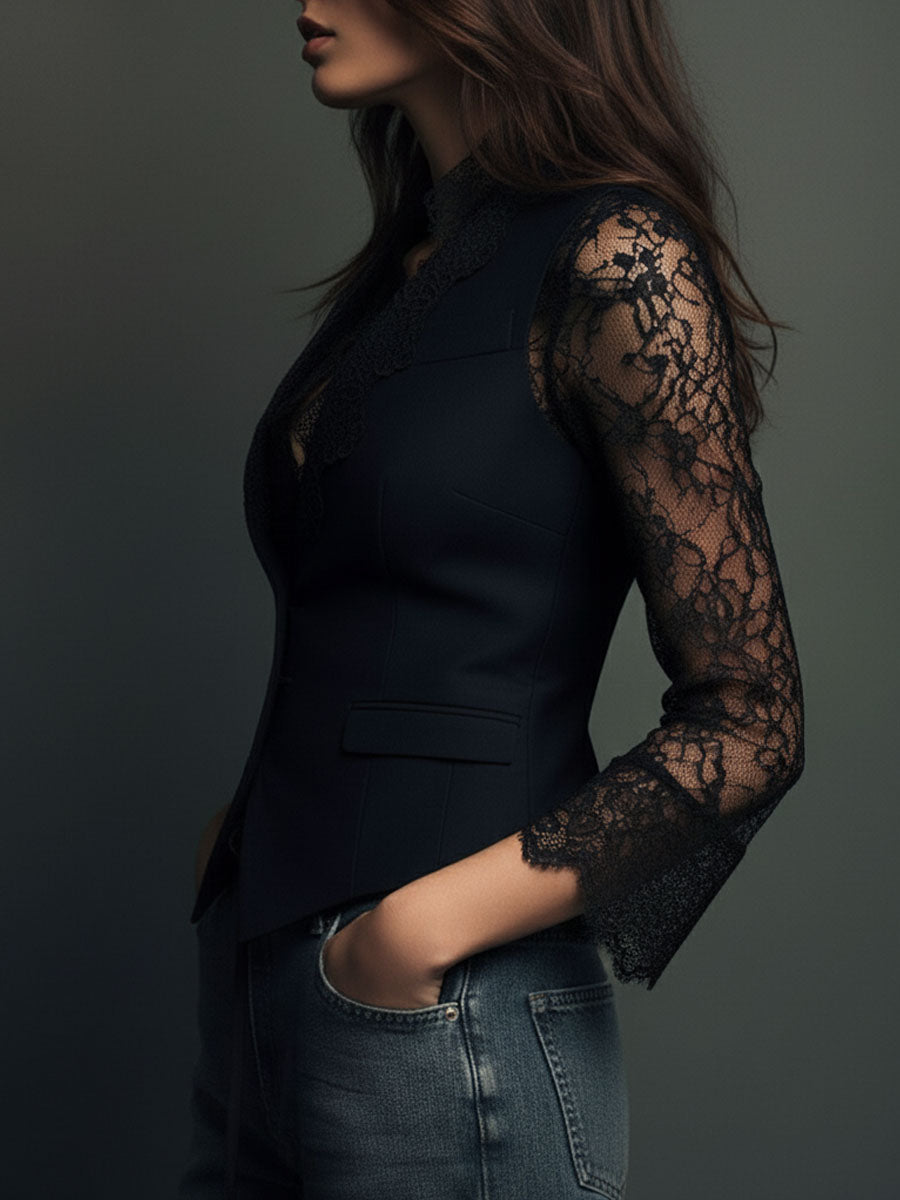 Women’s Black Sheer Sleeve Blazer Top