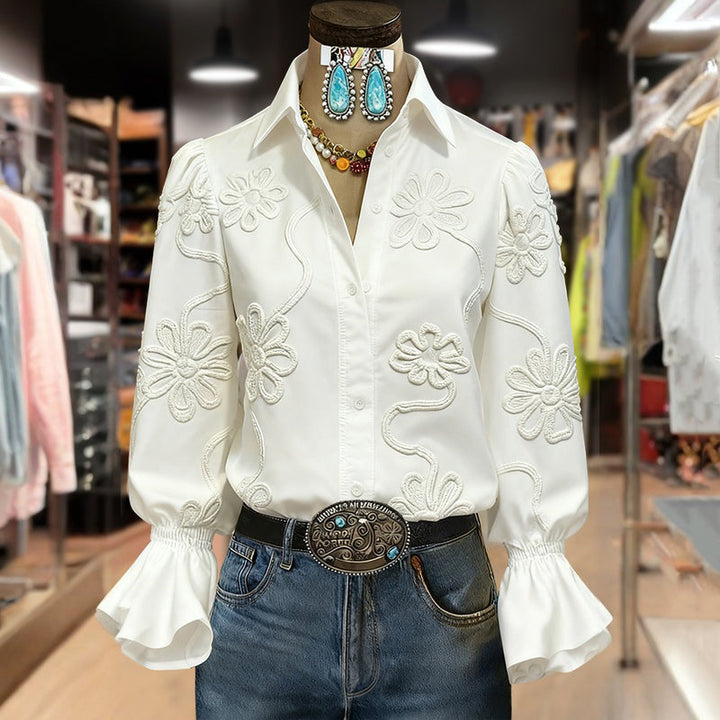 Élora™ | Relaxed Floral Blouse Featuring Shawl Collar