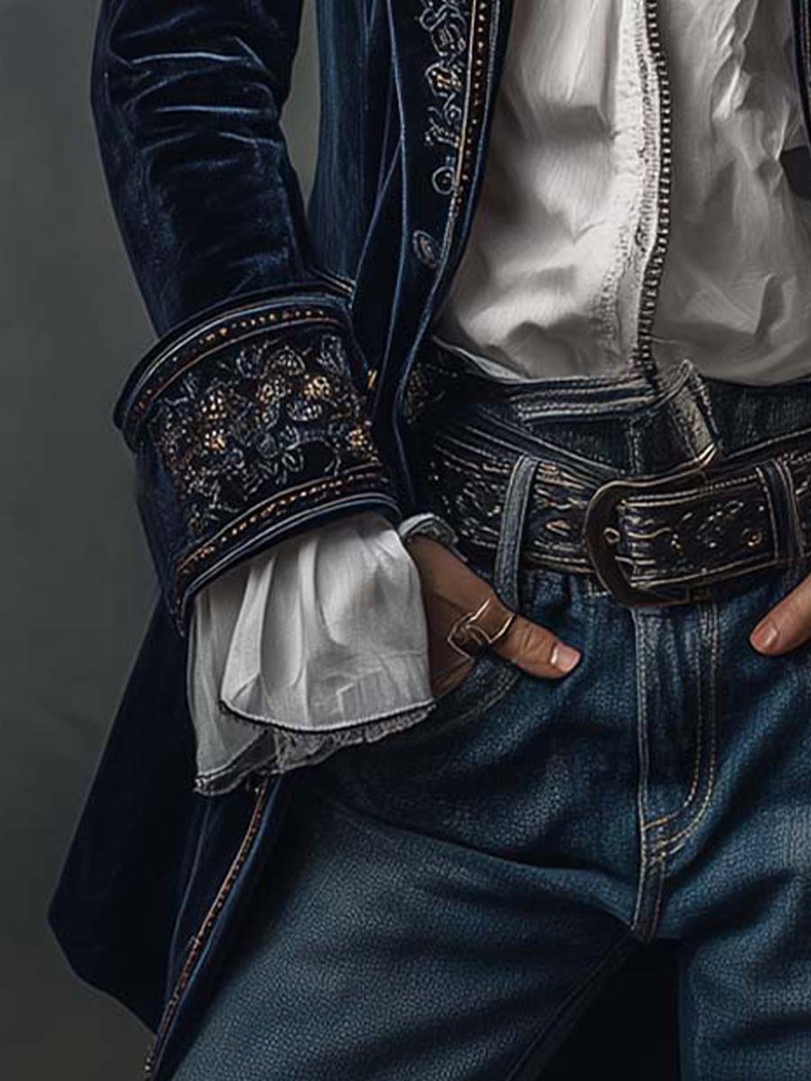 Women’s Vintage Navy Embroidered Longline Jacket