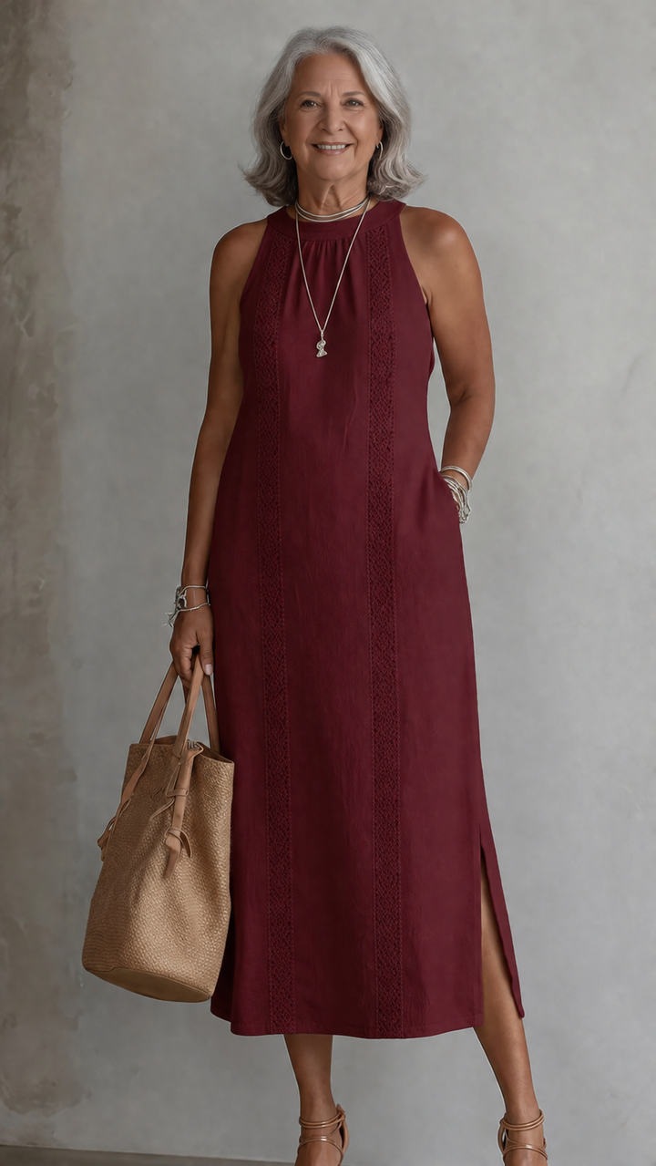 Jimena | Relaxed Embroidered Mandarin Collar Midi Dress