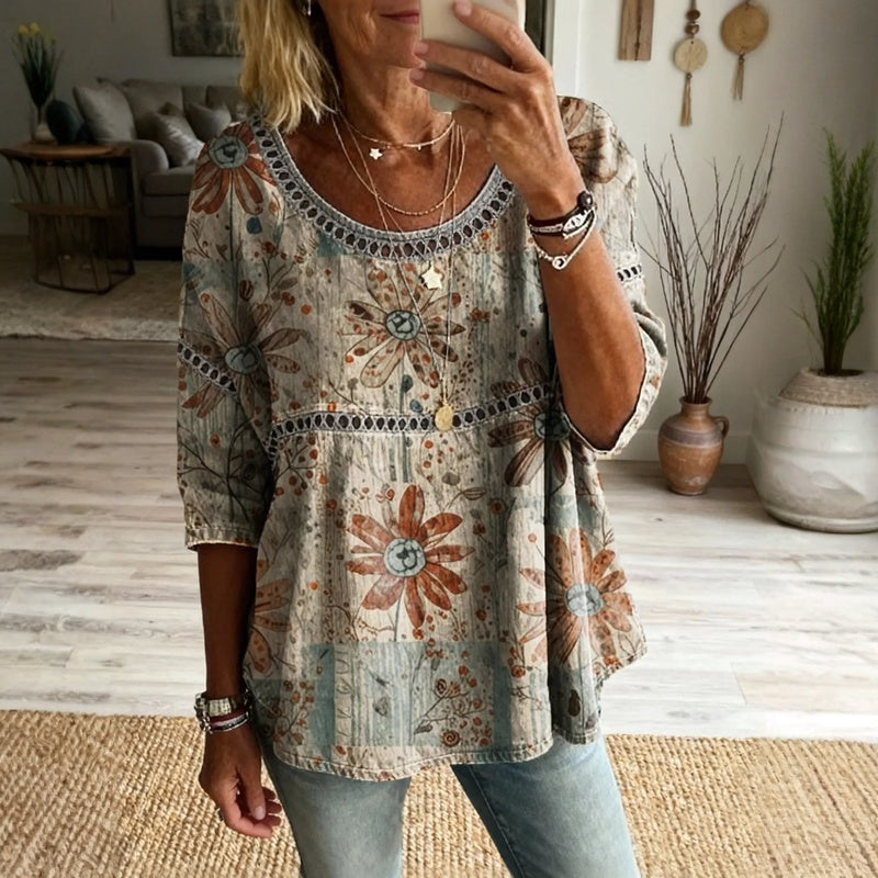 Émilie™ | Retro Floral Pattern Blouse
