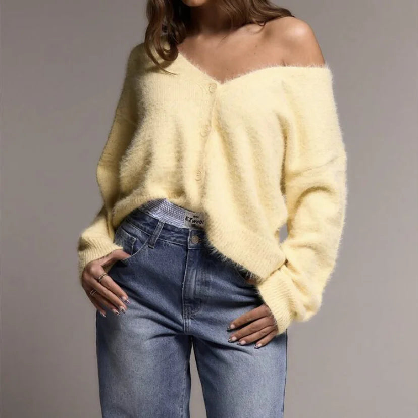 Cloud-Soft V-Neck Button Cardigan in Yellow