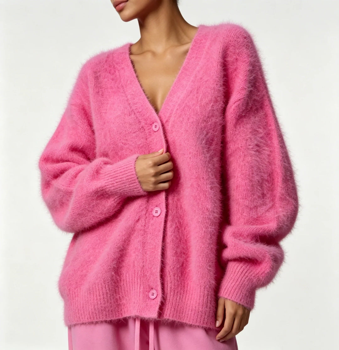 Cloud-Soft V-Neck Button Cardigan in Rose Red