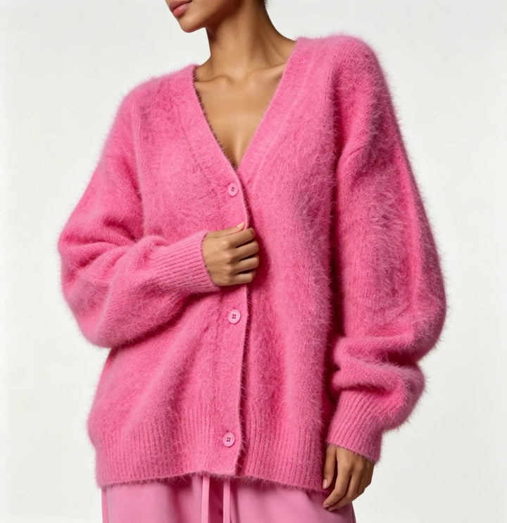 Cloud-Soft V-Neck Button Cardigan in Rose Red