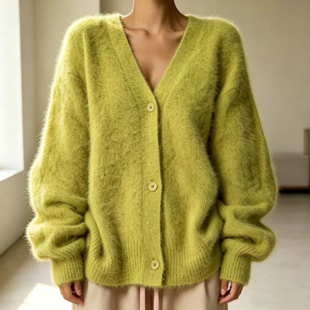 Cloud-Soft V-Neck Button Cardigan in Mustard Green