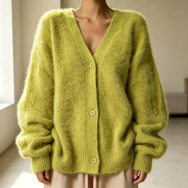 Cloud-Soft V-Neck Button Cardigan in Mustard Green