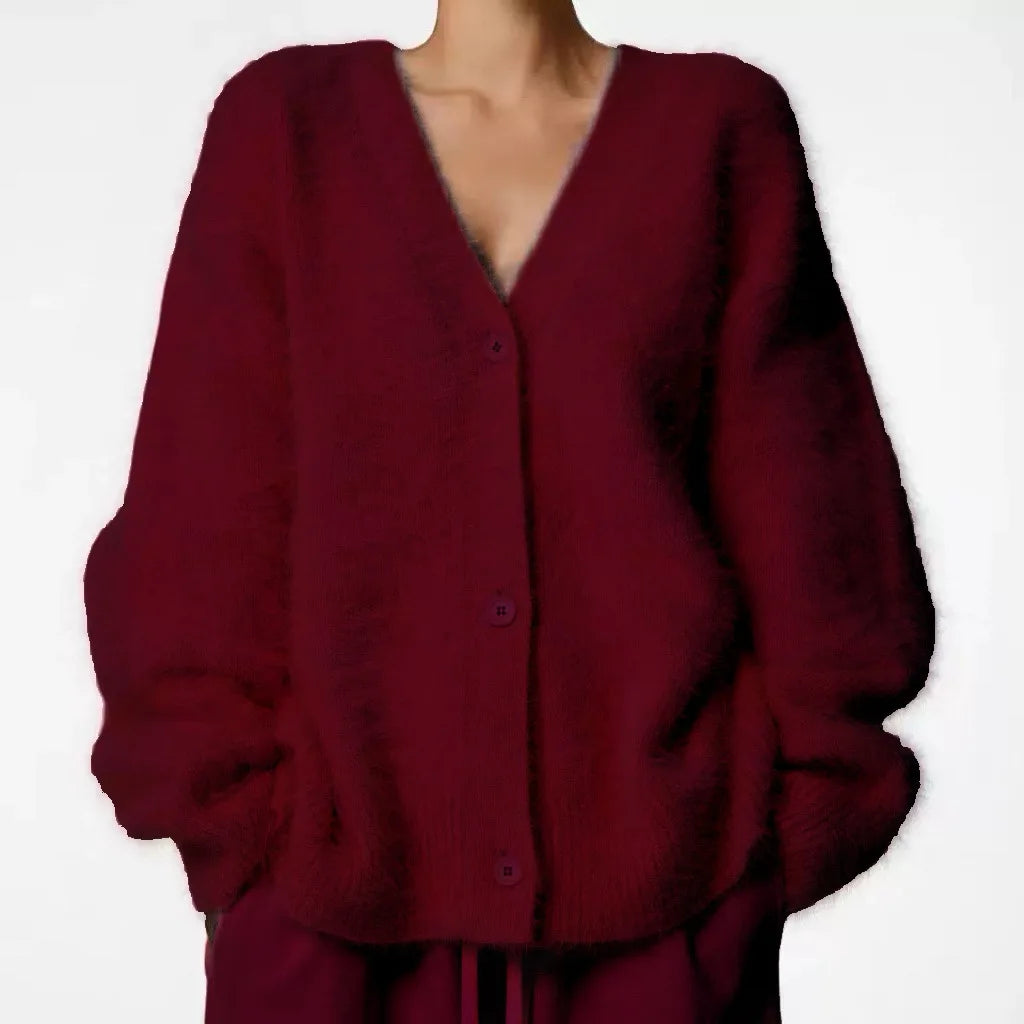 Cloud-Soft V-Neck Button Cardigan in Wine Red