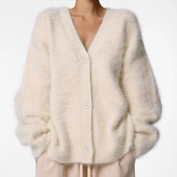 Cloud-Soft V-Neck Button Cardigan in Milk Apricot