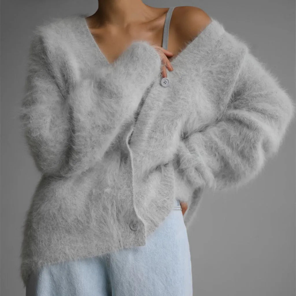 Cloud-Soft V-Neck Button Cardigan in Light Grey