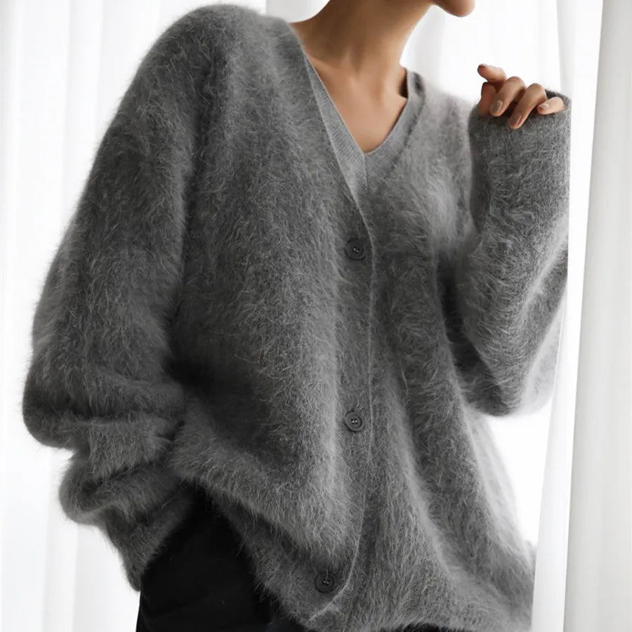 Cloud-Soft V-Neck Button Cardigan in Grey