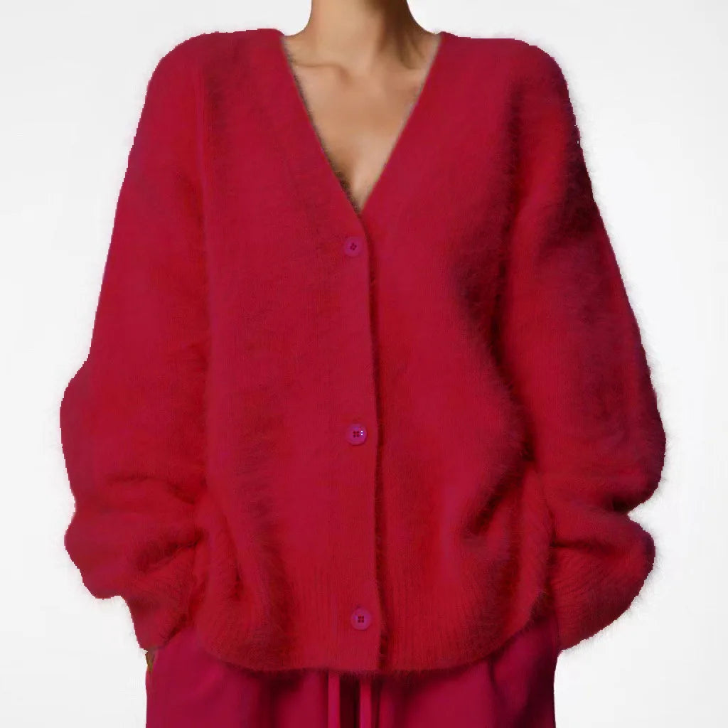 Cloud-Soft V-Neck Button Cardigan in Red