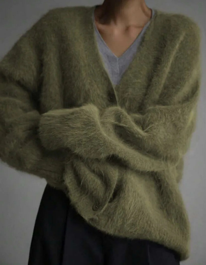 Cloud-Soft V-Neck Button Cardigan in Army Green