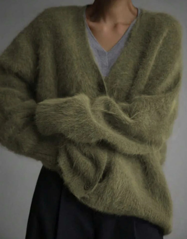 Cloud-Soft V-Neck Button Cardigan in Army Green