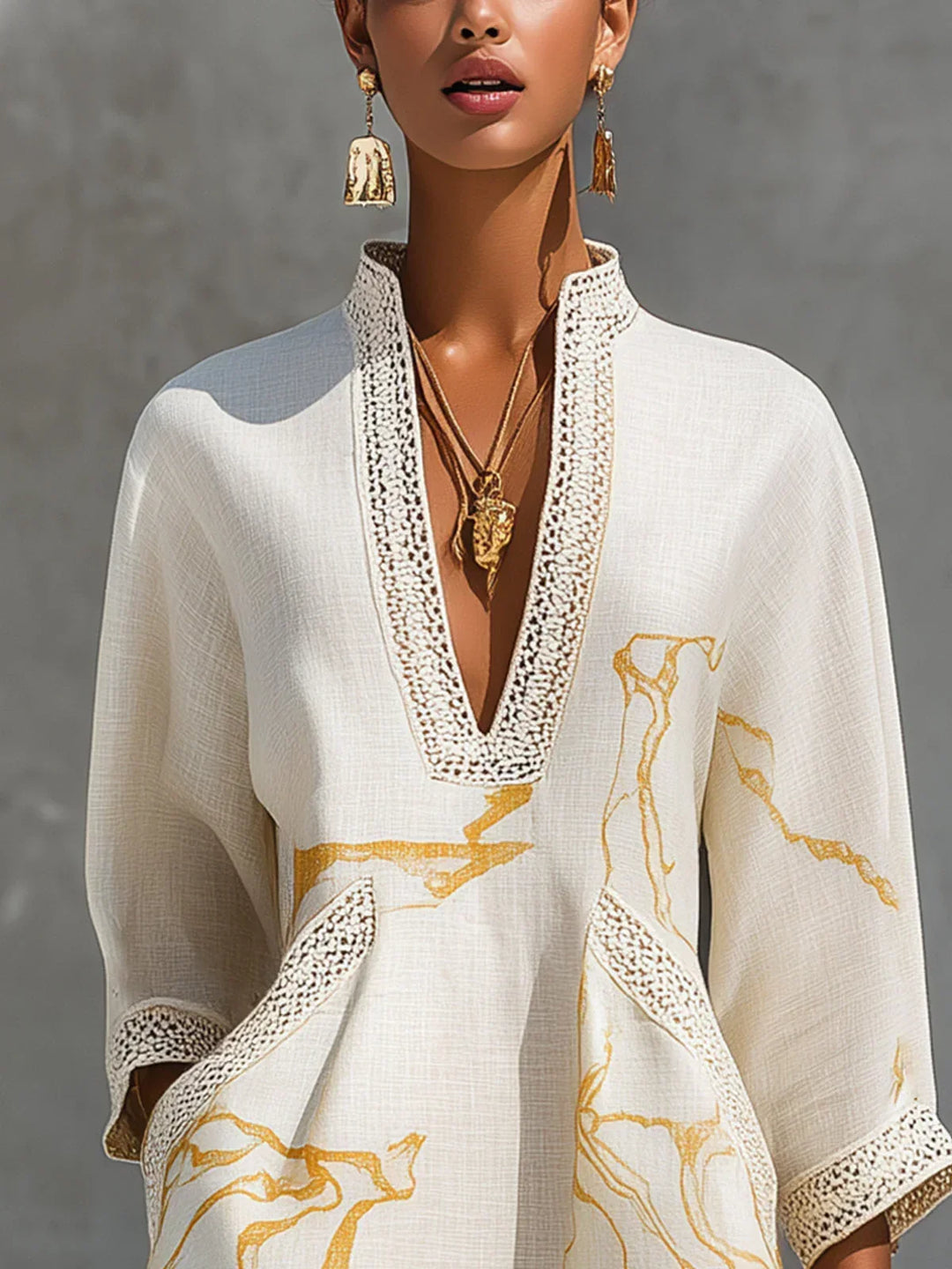 Renata | Lace Mini Dress with Gold Print and Deep V-Neck
