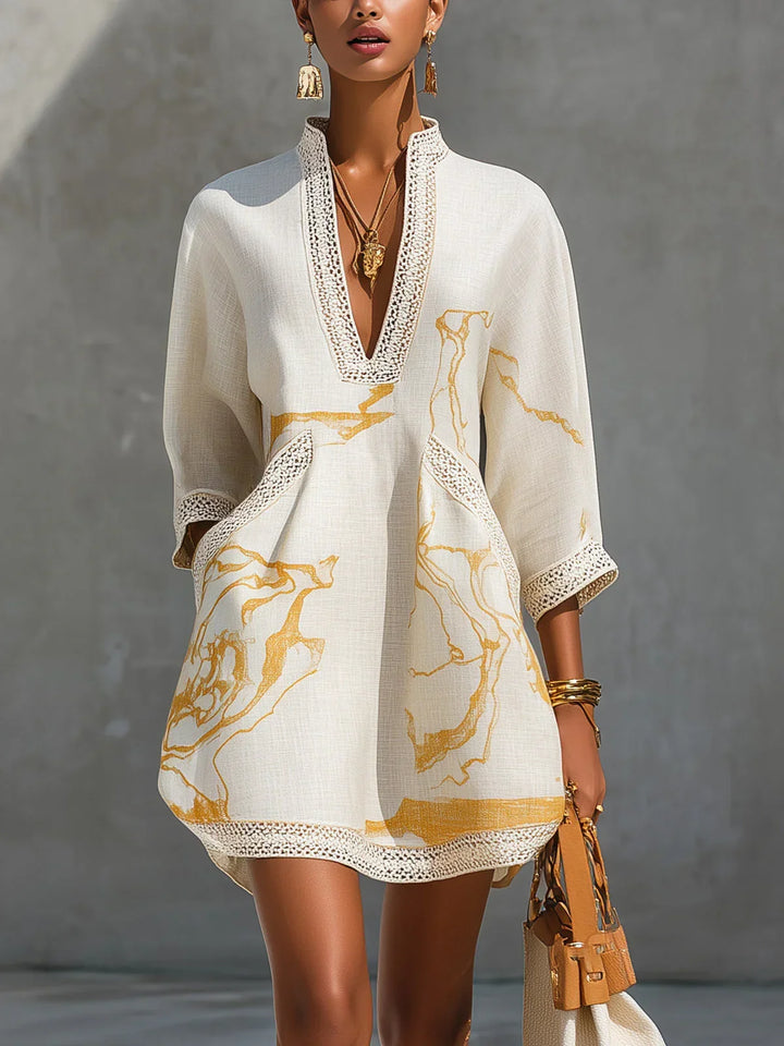 Renata | Lace Mini Dress with Gold Print and Deep V-Neck