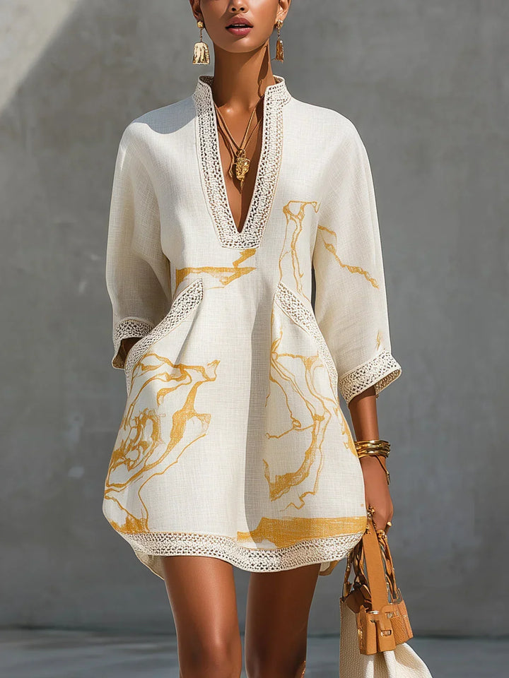 Donatella | Black Mini Dress with Gold Marble Print and Crochet Lace