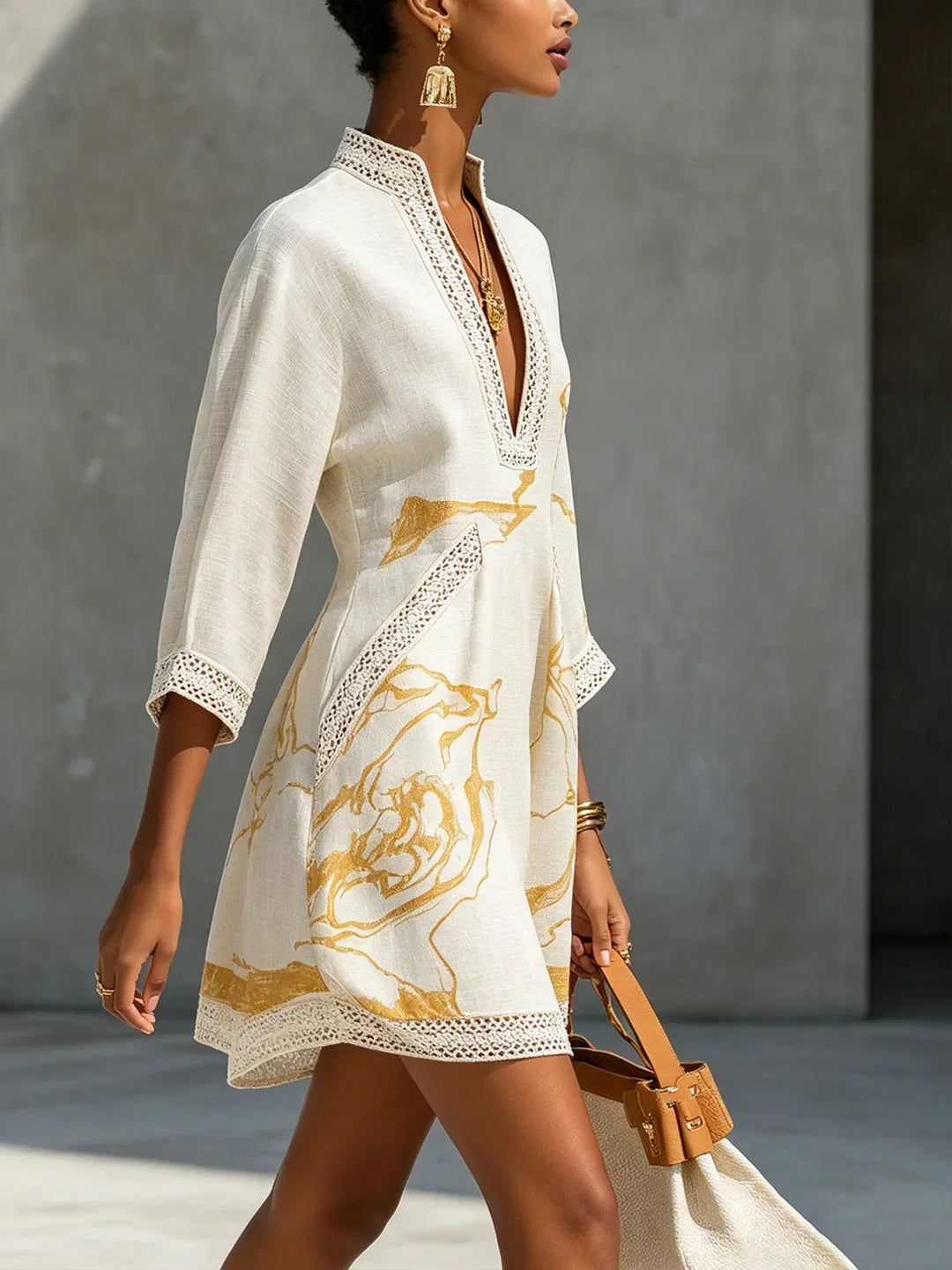 Renata | Lace Mini Dress with Gold Print and Deep V-Neck