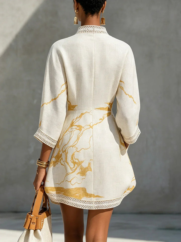 Renata | Lace Mini Dress with Gold Print and Deep V-Neck