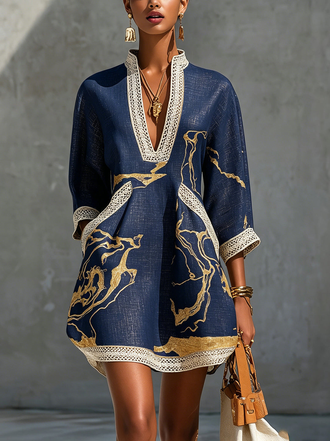 Renata | Lace Mini Dress with Gold Print and Deep V-Neck