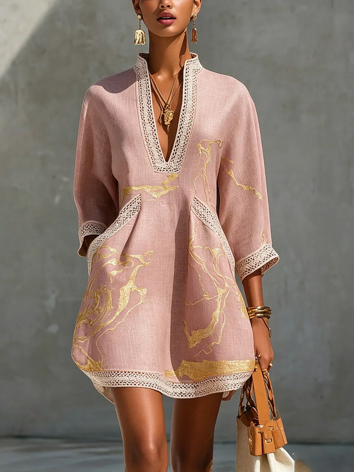 Donatella | Black Mini Dress with Gold Marble Print and Crochet Lace