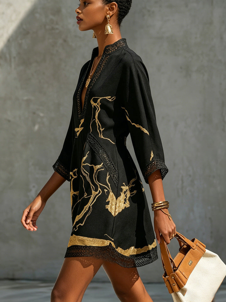 Donatella | Black Mini Dress with Gold Marble Print and Crochet Lace