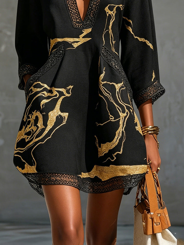 Donatella | Black Mini Dress with Gold Marble Print and Crochet Lace
