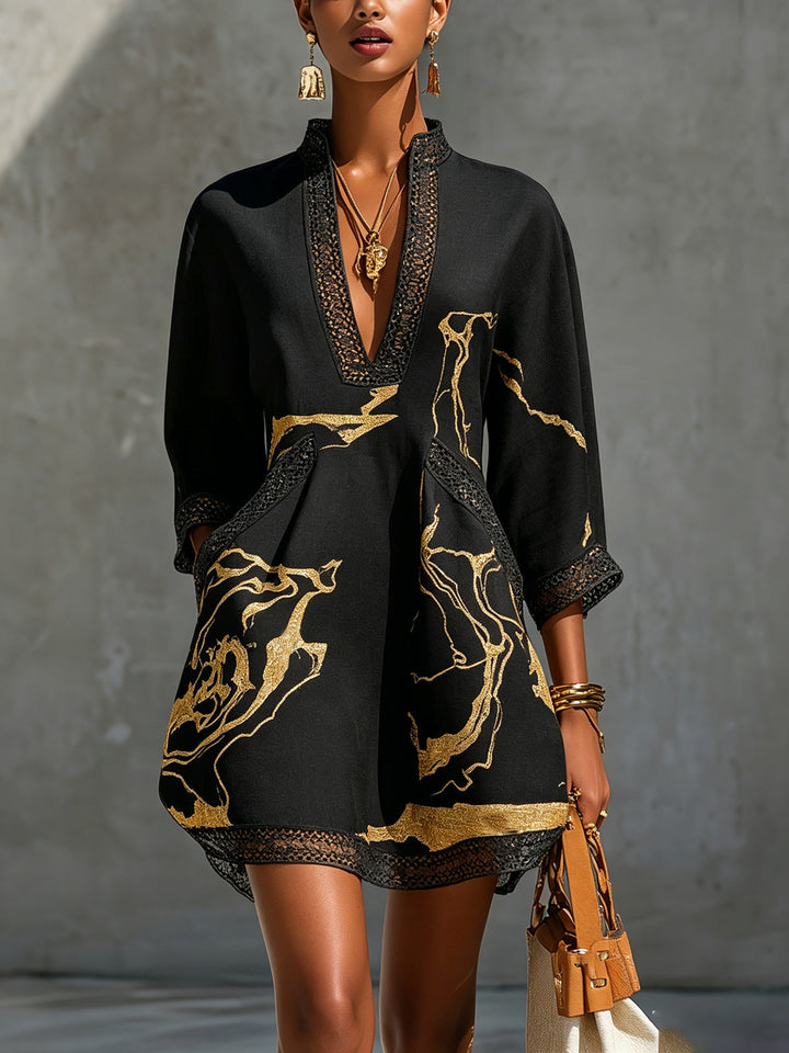Renata | Lace Mini Dress with Gold Print and Deep V-Neck