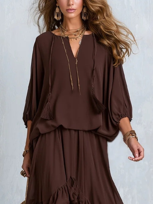 Brown Tassel Drawstring V-neck Top Paired With A Ruffled Layered Skirt Set